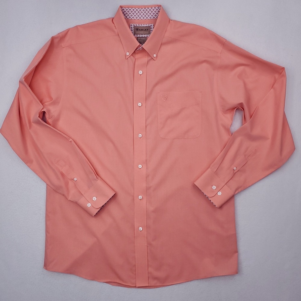 Ariat Shirt Mens Large Peach Pinpoint Oxford Cloth Button Down OCBD Classic Fit